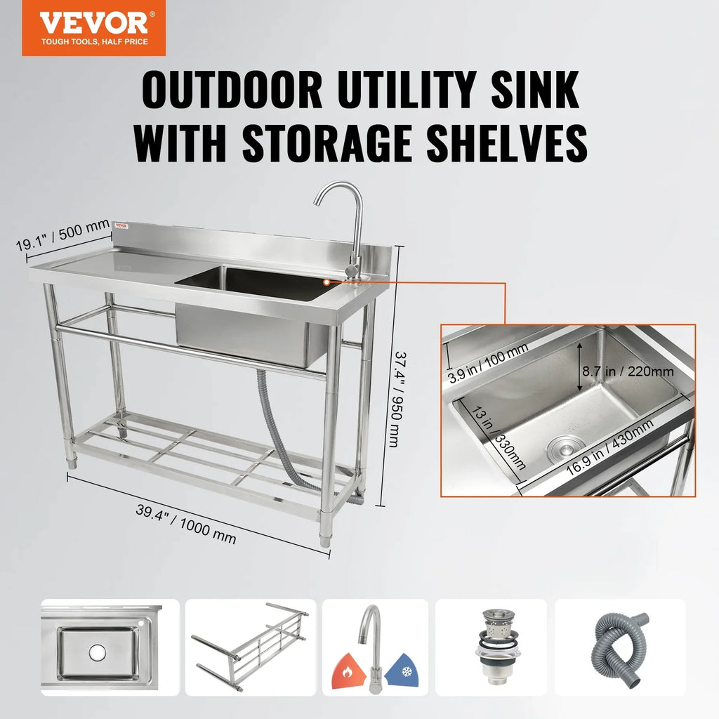 39.4 37.4 in Sink 19.1 x BENTISM Single Utility Prep x & w/Workbench Commercial Bowl