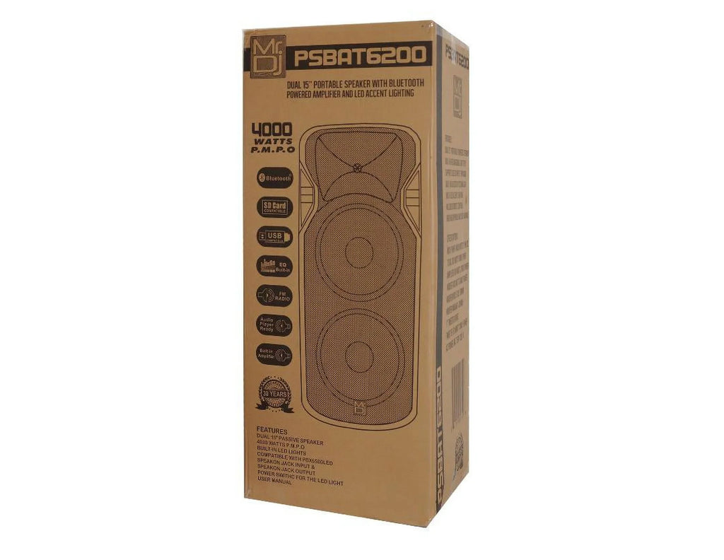 15-Inch Speaker Battery Rechargeable Way Mr Watt Dual 4000 Max Built-In Bluetooth 3 Dj Party with Power & PSBAT6200