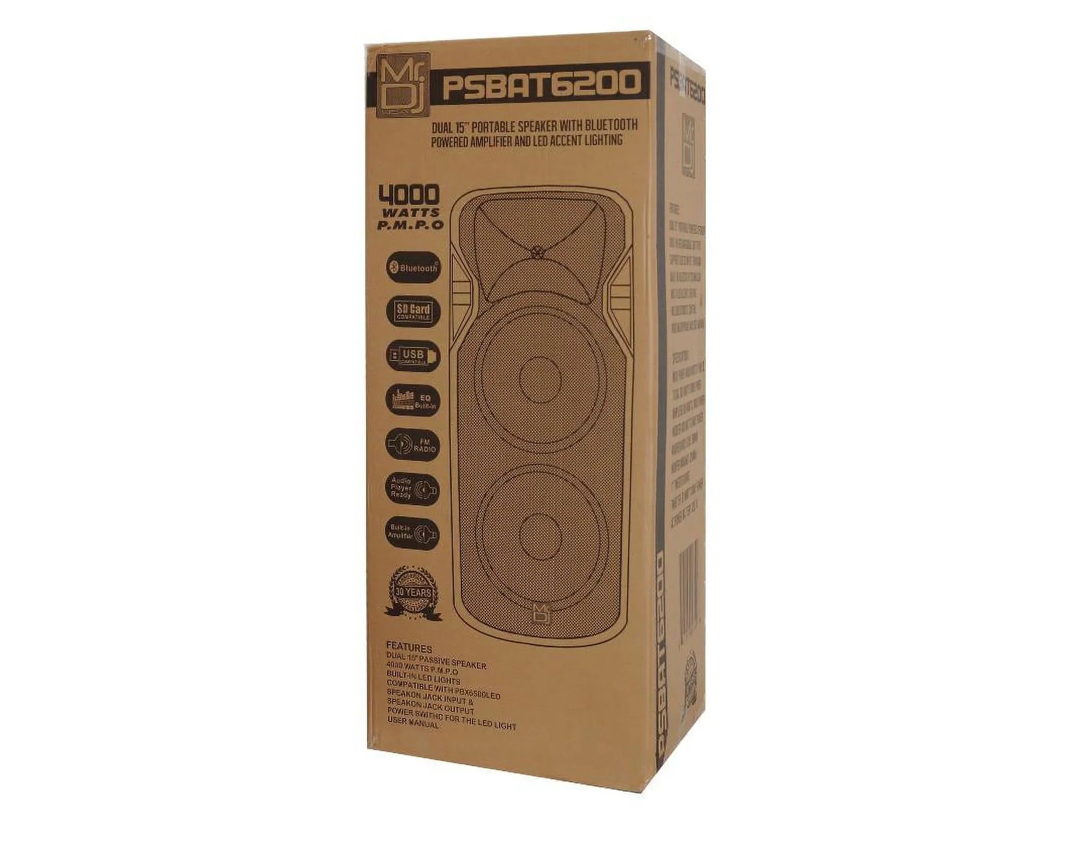 15-Inch Speaker Battery Rechargeable Way Mr Watt Dual 4000 Max Built-In Bluetooth 3 Dj Party with Power & PSBAT6200