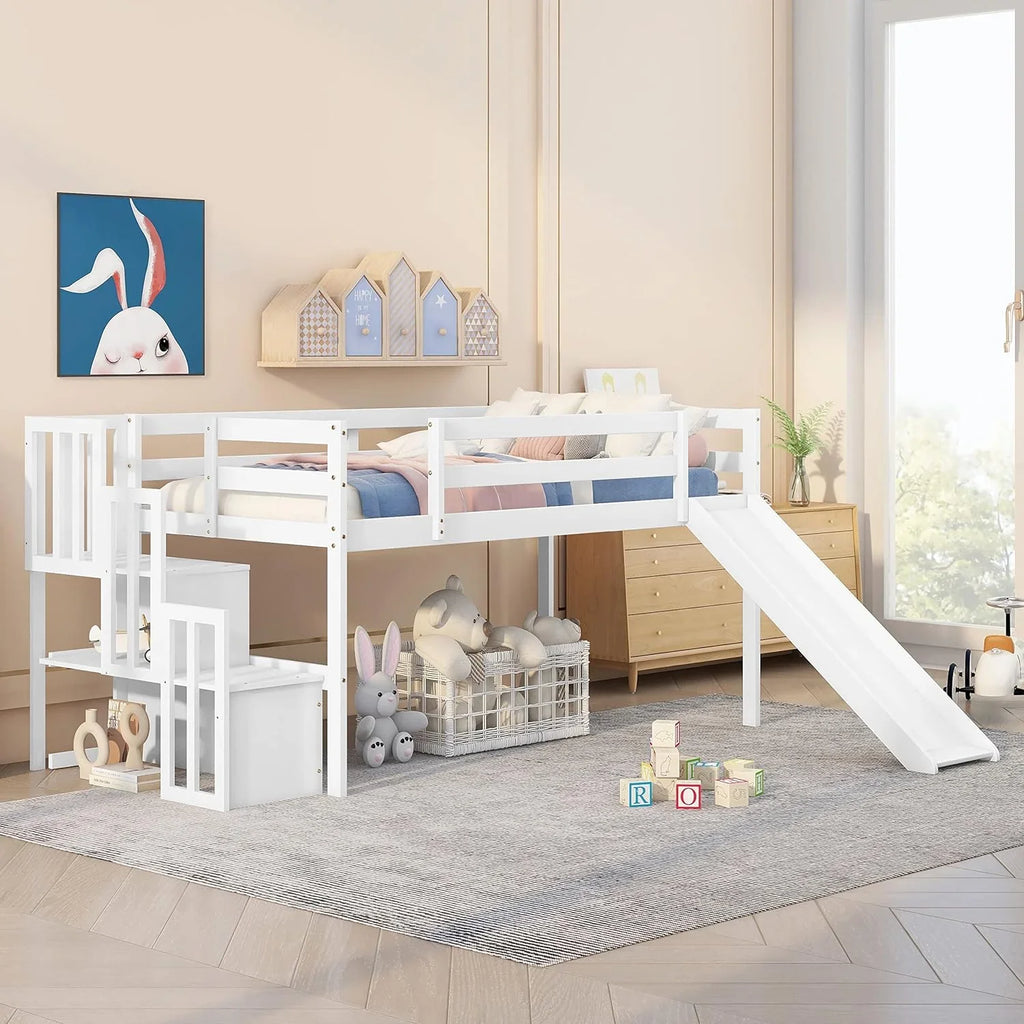 Wood &amp; Low Stairs Spring Bed Safety with Bright Size Teens Slide Frame (White) NLTBONNIE and Box with Toddlers Designs Twin Needed Loft for Harper No Rail Bed Loft