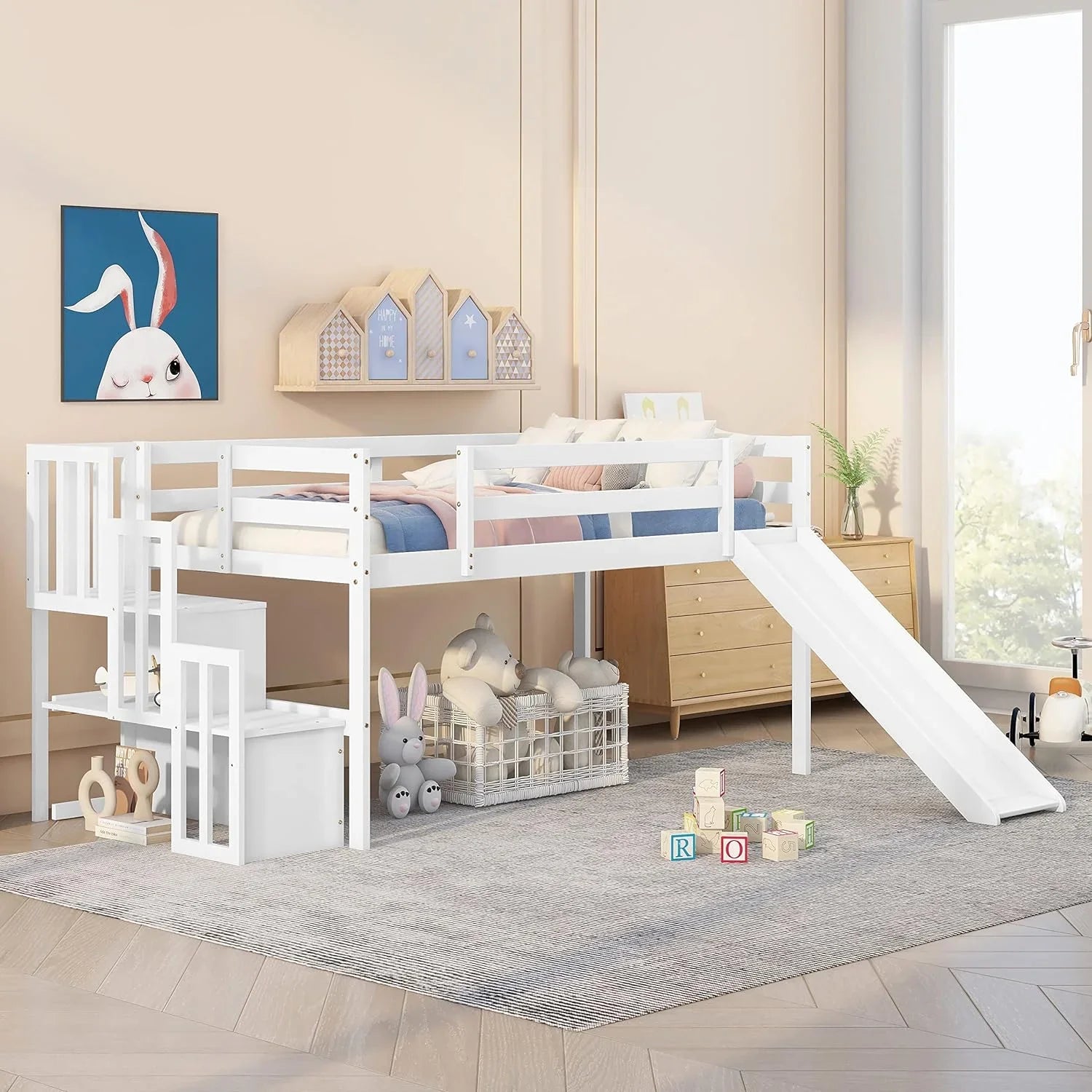 Wood &amp; Low Stairs Spring Bed Safety with Bright Size Teens Slide Frame (White) NLTBONNIE and Box with Toddlers Designs Twin Needed Loft for Harper No Rail Bed Loft