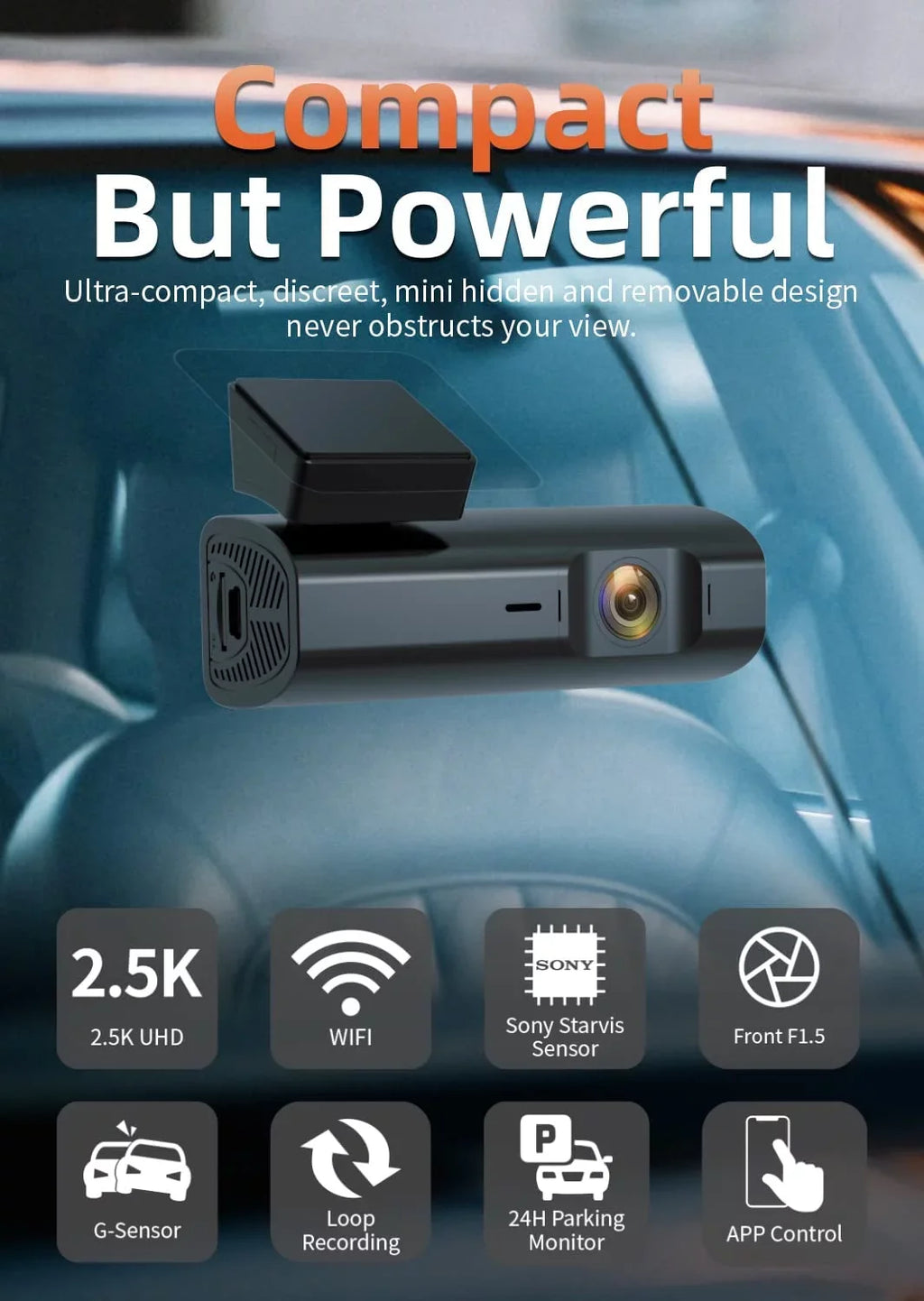 Loop Night Parking 2.5K WiFi, Control, WOLFBOX Monitor, Cam, Support Dash 24 Dash Recording, 64GB HD APP Camera Max Hours with Vision, G-Sensor, Full