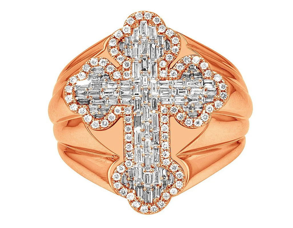 Pinky S10 Gold Ring 1.05 Diamond Baguette Cross 25MM CT