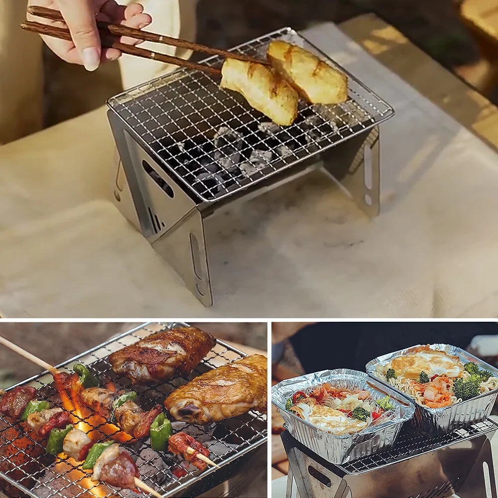 Camping Stove with Outdoor Folding Portable Grill Cooking Steel Burning Wood Backpacking Stainless Stove Plate