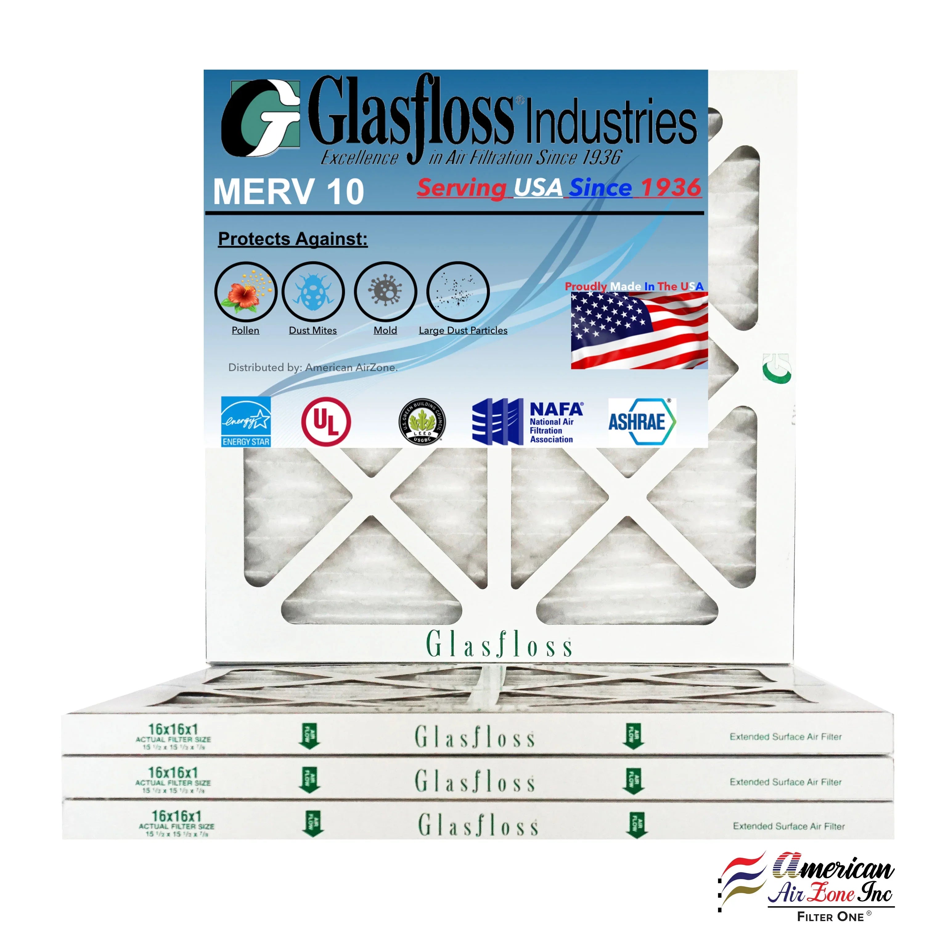 15.5x7/8 Air Furnace - - -Qty:4 Filter Glasfloss 15.5 Made 10 x in - USA (Actual inch) Size: MERV 16x16x1