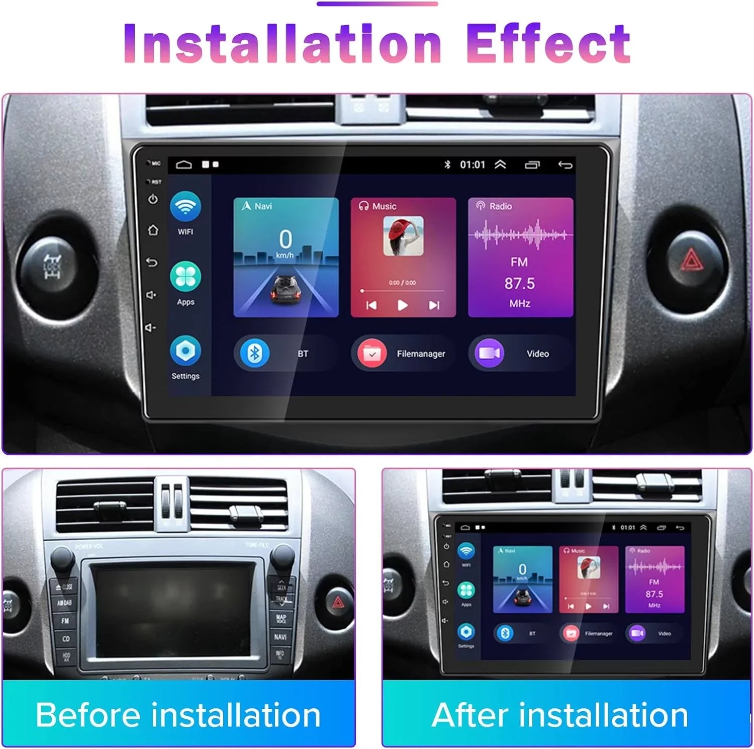 Car 2007-2012 WIFI Radio Carplay Android 12 Touchscreen 2+32G Auto Stereo HD Cable, Wireless Podofo GPS USB AHD 1080P 9'' Toyota Camera Bluetooth Android for RAV4 Hifi FM Mirror Backup Link