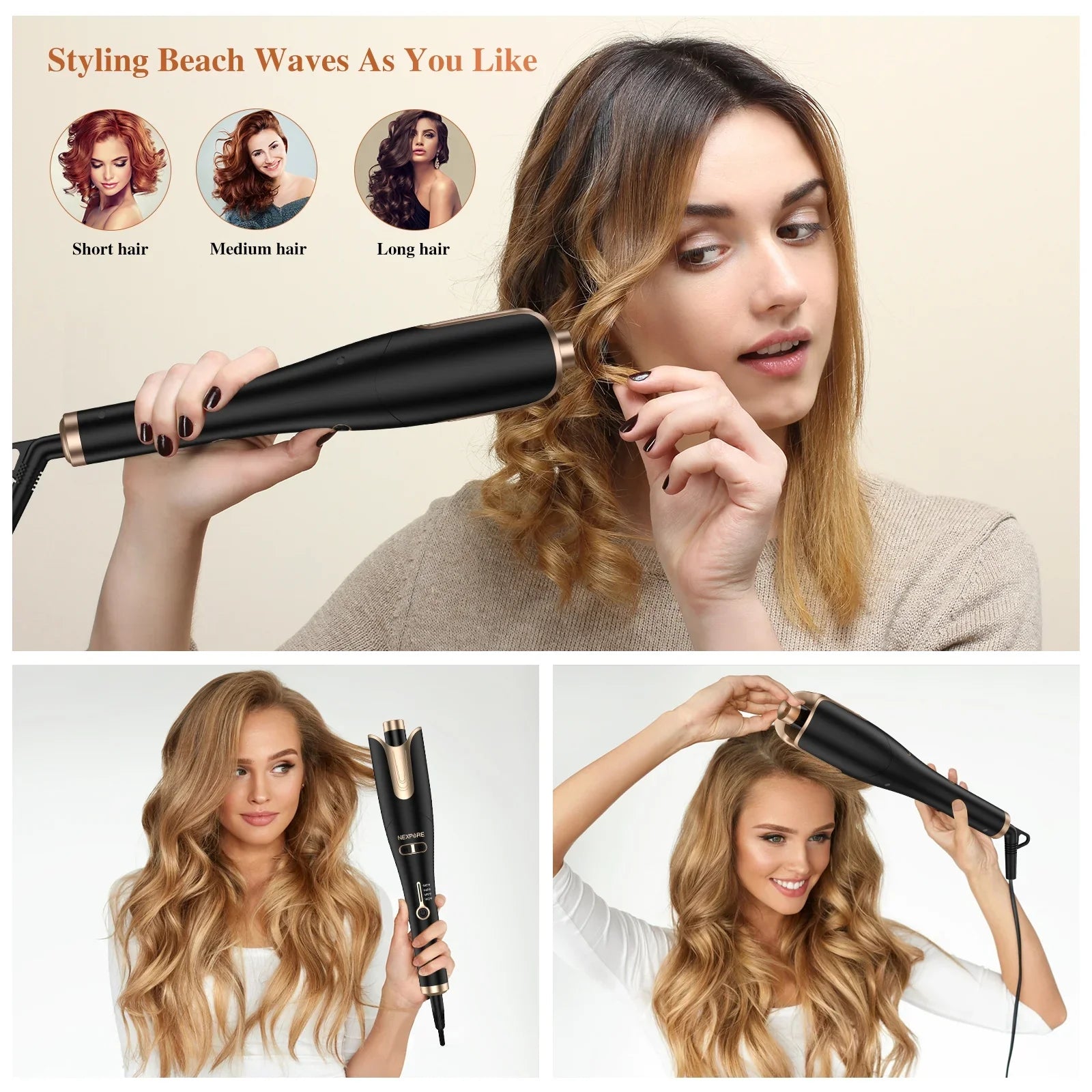 Temps,Salon Barrel 1" Curling Irons,Curling Rotating Iron Hair,Gold Large with NEXPURE Professional & Curl 4