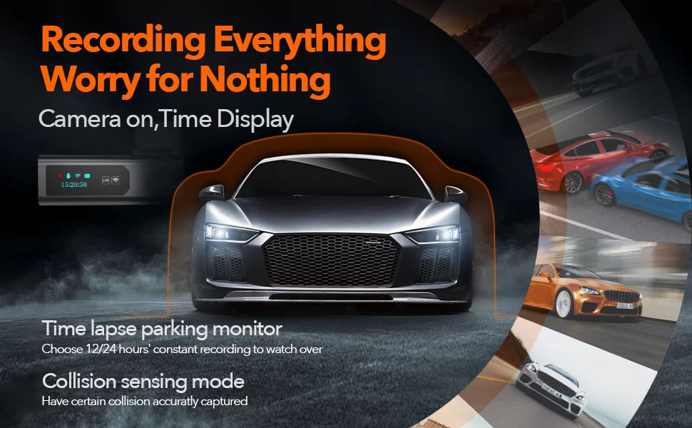 Loop Night Parking 2.5K WiFi, Control, WOLFBOX Monitor, Cam, Support Dash 24 Dash Recording, 64GB HD APP Camera Max Hours with Vision, G-Sensor, Full