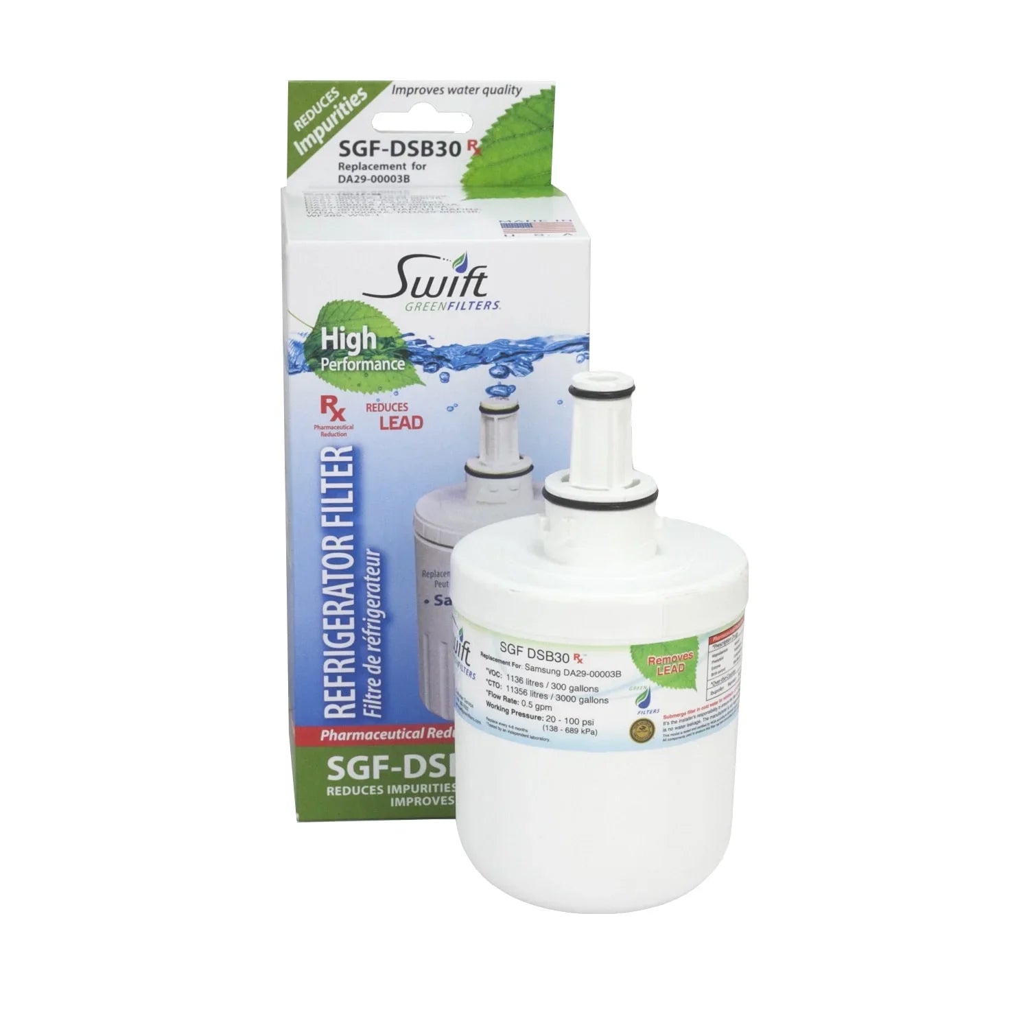 Rx Green Swift Filters(Pack SGF-DSB30 of for 3) DA2900003G Replacement Pharmaceutical Water Refrigerators Samsung Filters