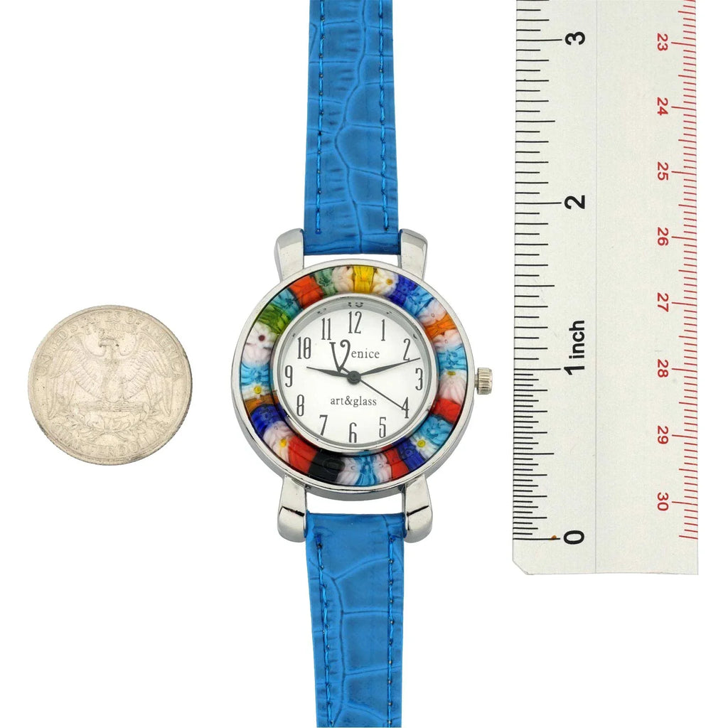Blue With - Millefiori Band Leather Murano GlassOfVenice Watch Serena Light