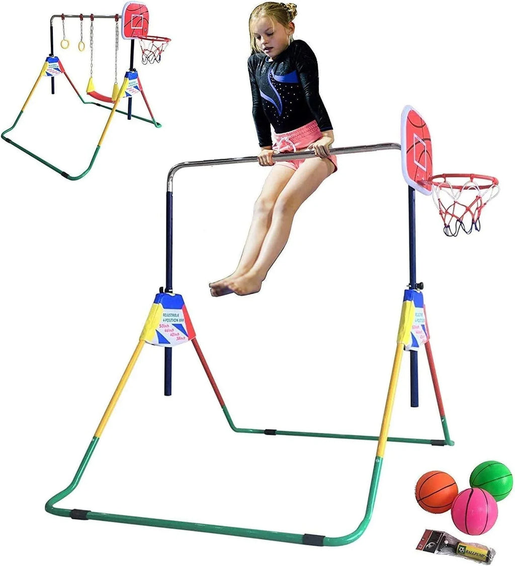 Bar Folding Junior Hoop Gym Bar for 4-in-1 Set Gymnastics Height-Adjustable Training with - Rings, Swing, Basketball Home