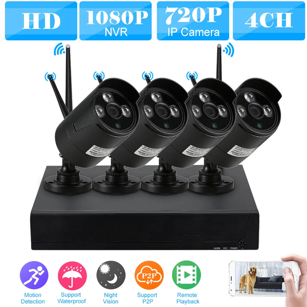 P2P Outdoor Wireless Phone Vision Control Camera Waterproof WiFi 1.0MP NVR Night with Support for 4CH 4pcs IR-CUT Kit System CCTV Motion HD Detection IP WiFi 1080P