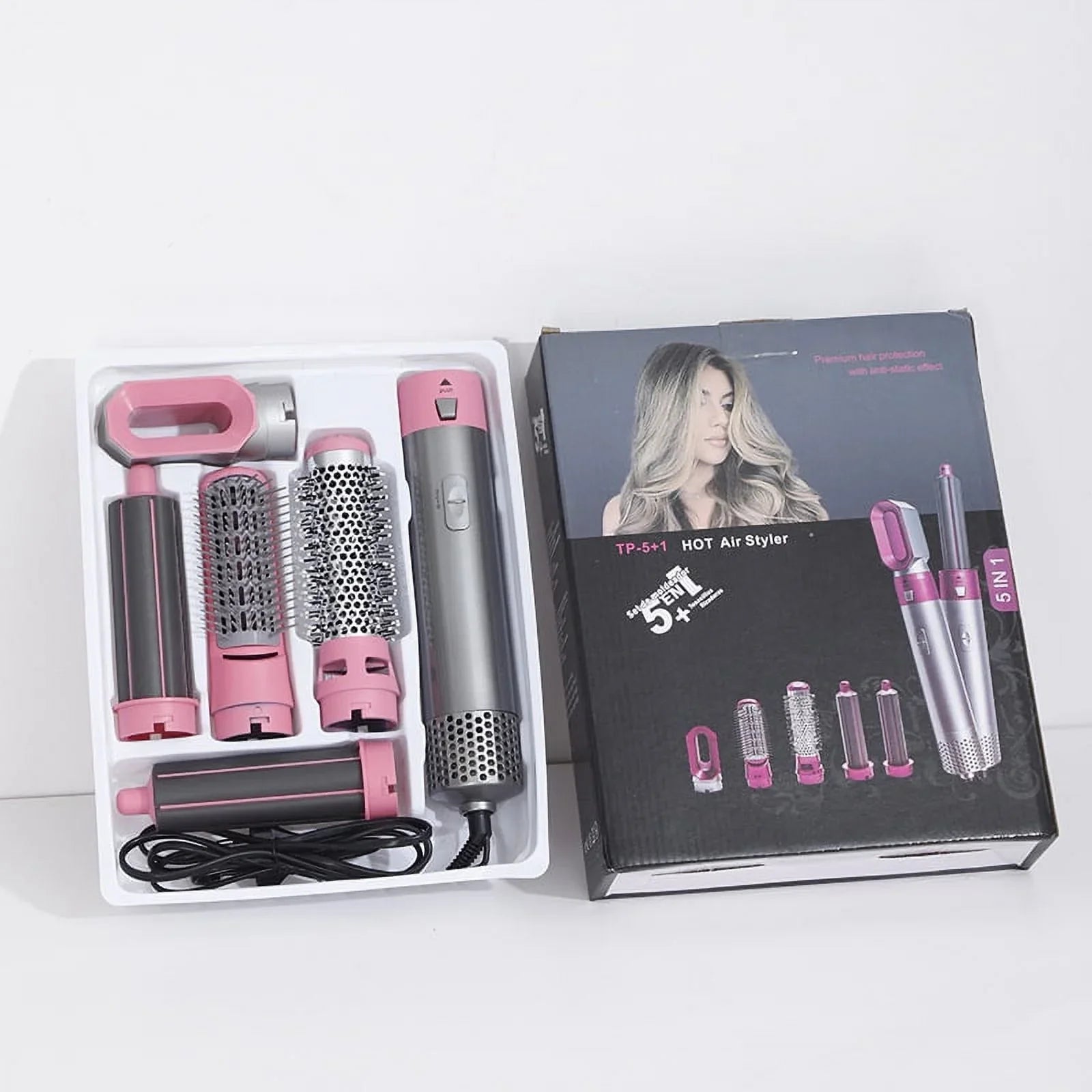 Negative Straightening Automatic Brush Heads Pink Electric Styling, Styler Dryer - Brush Curling Hair Dryer for Blow 5-in-1 Hair and with Detachable Ionic Brush - Color: