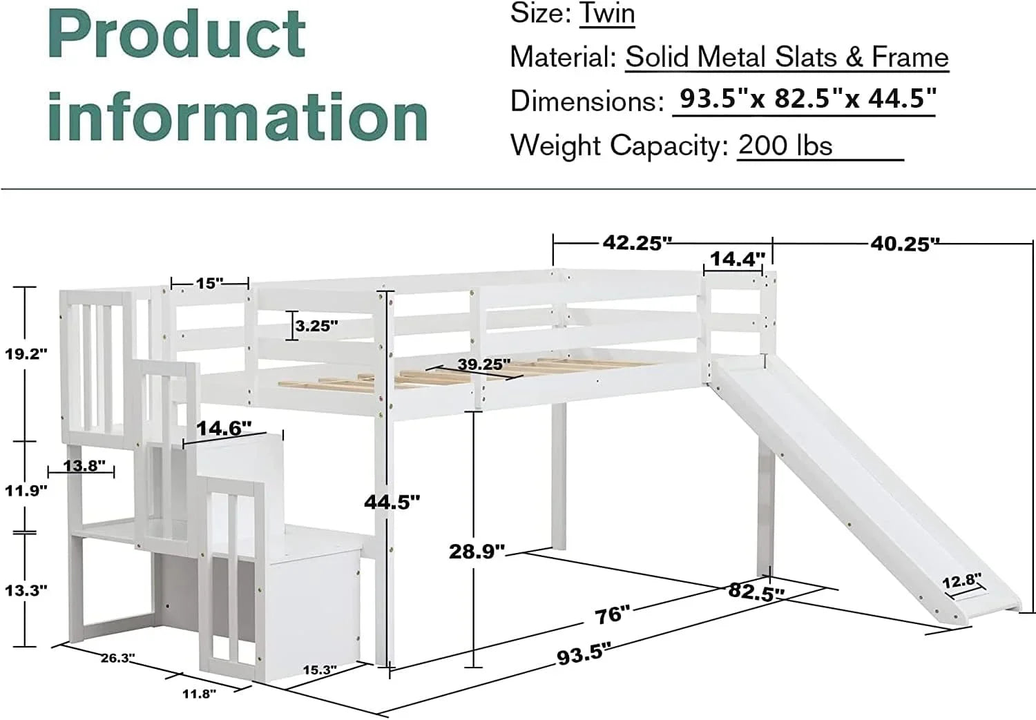 Wood &amp; Low Stairs Spring Bed Safety with Bright Size Teens Slide Frame (White) NLTBONNIE and Box with Toddlers Designs Twin Needed Loft for Harper No Rail Bed Loft