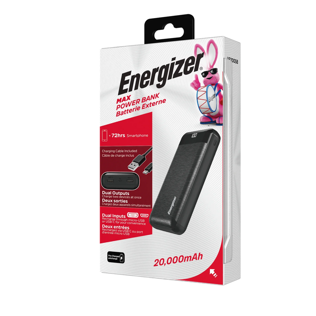 Energizer Black, Power 20,000 UE20058 Max mAh Bank,