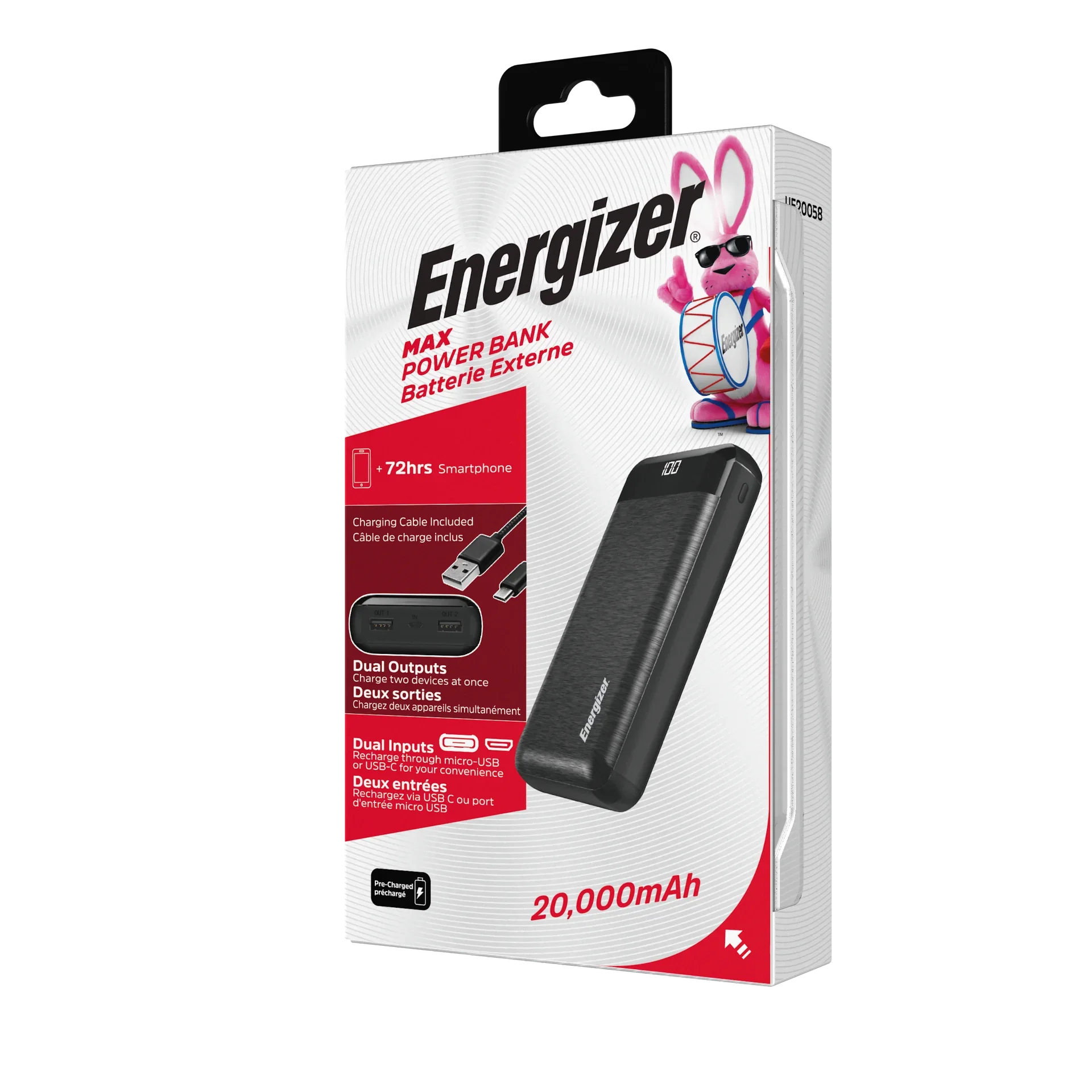 Energizer Black, Power 20,000 UE20058 Max mAh Bank,