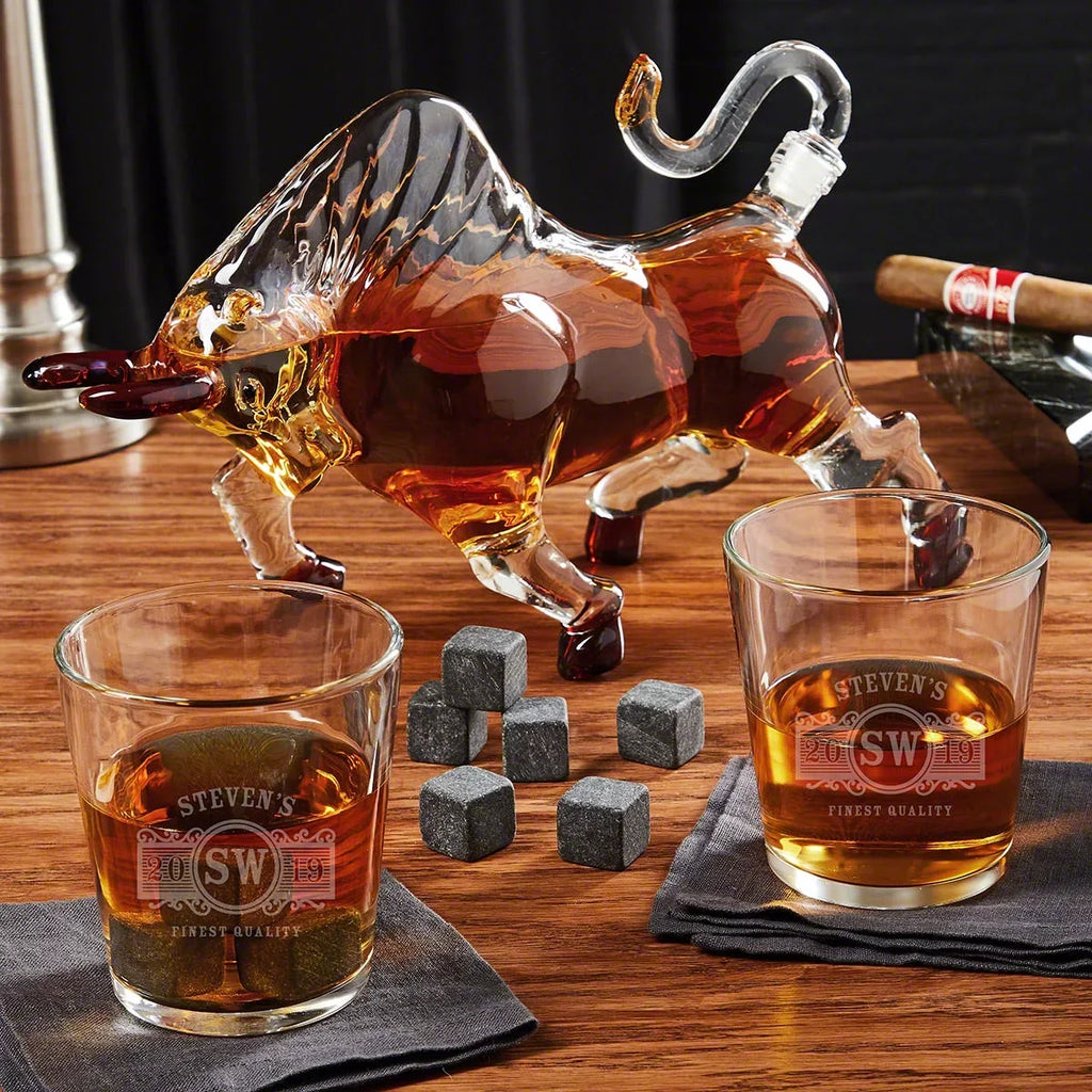 Decanter El Matador with Set Rocks the Custom Marquee Glasses Bull on Crystal
