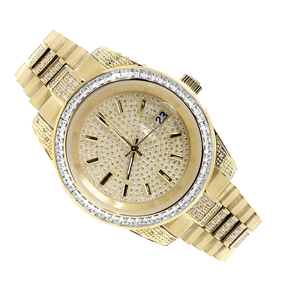 Stainless Presidential Tarnish 41MM Finish Watch Free New Diamond Simulated Yellow Unisex Gold Steel 18k
