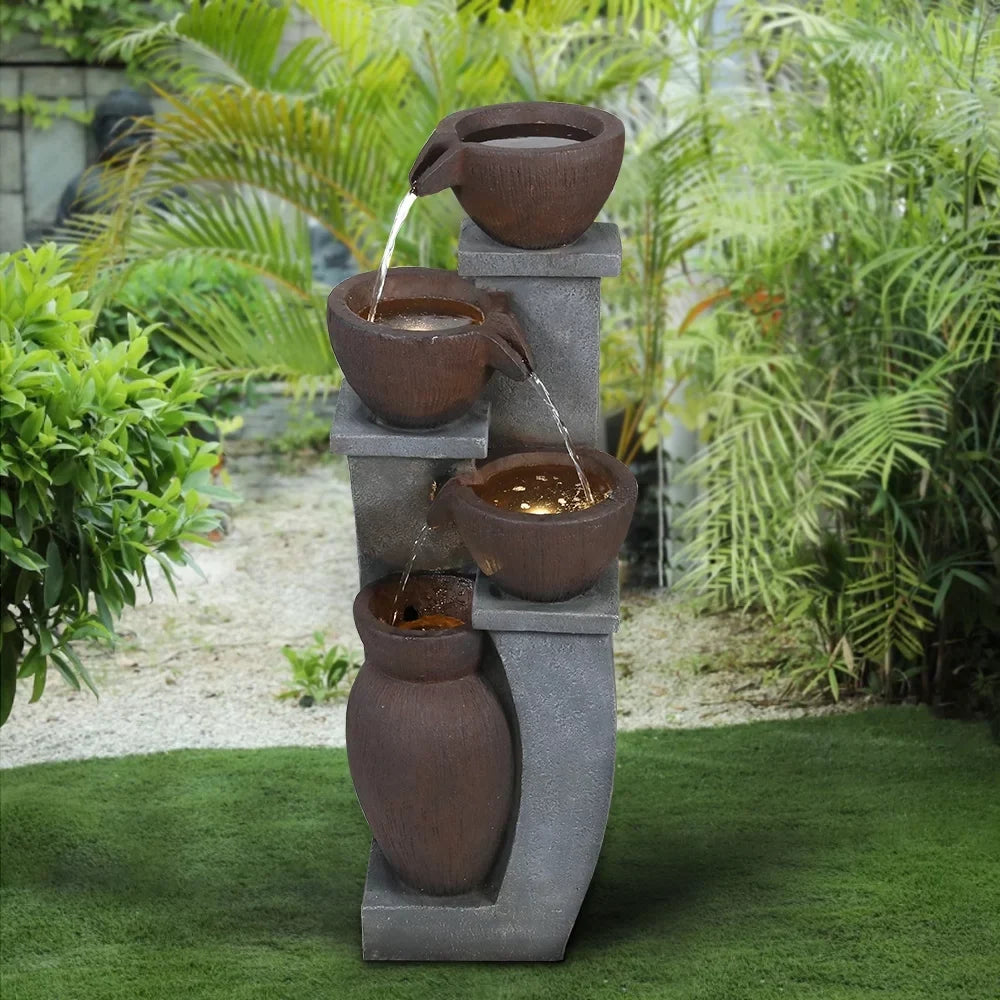 Modern with Decor 32.8''H Fountain Deck, and Home - Art Fountains 4-Tier Garden, Outdoor Light Porch, Garden Patio, Backyard Willwolf LED for Outdoor