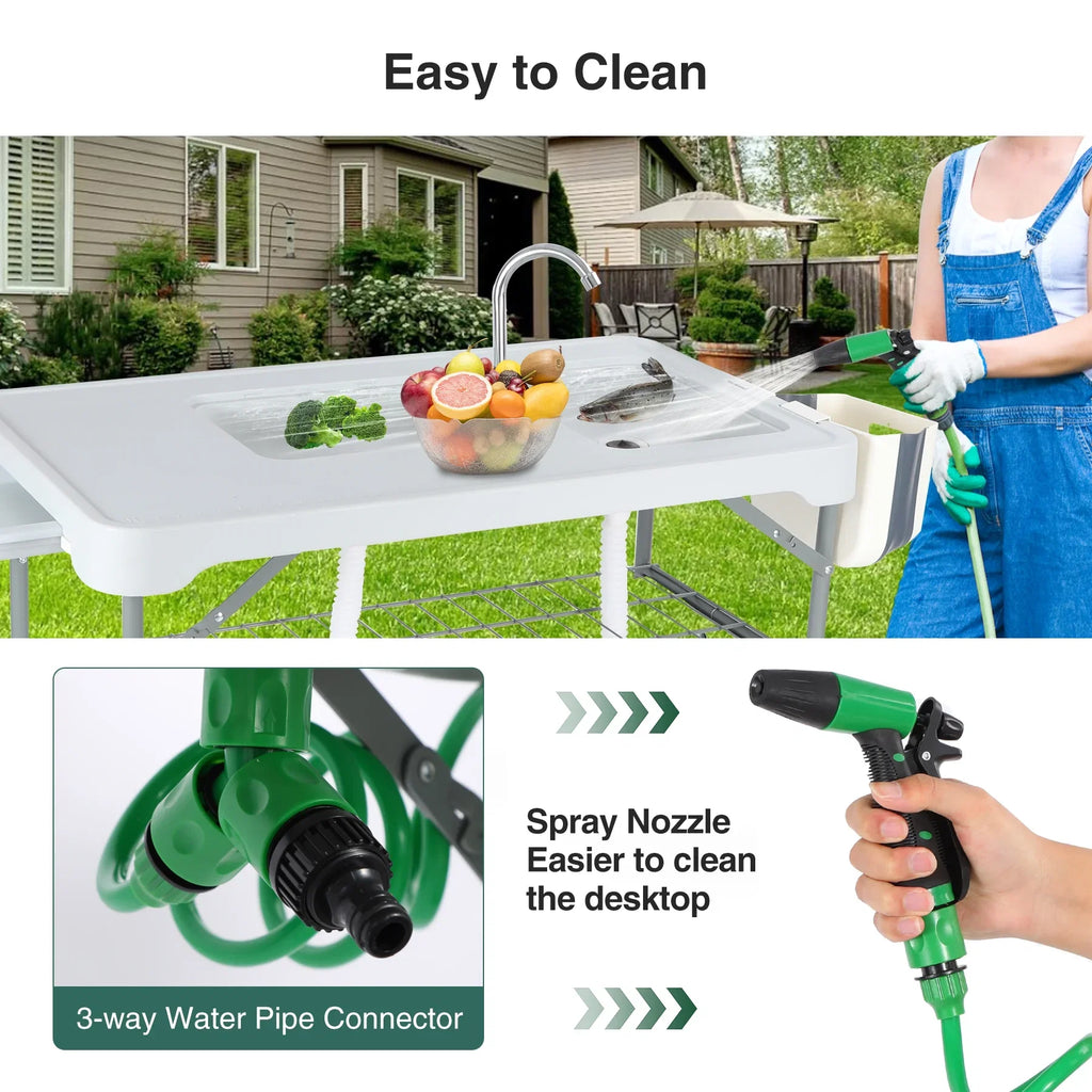 Sink Cleaning with Picnic Hoses/Rack/Basket, Flexible Sprayer, REDCAMP w/ Camping Portable for Table Fish Station 2 Patio Beach Folding Sinks Table Camping Faucet/Drainage Garden and Outdoor