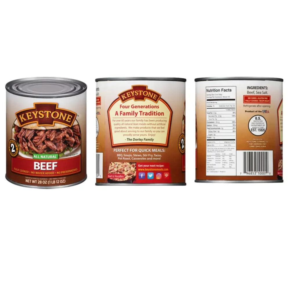 28oz to All Food Life Keystone Ready Cans Combo Natural Pork of (6 Cans Survival Chicken - Beef, eat Long 2 Camping Emergency Each) and Shelf
