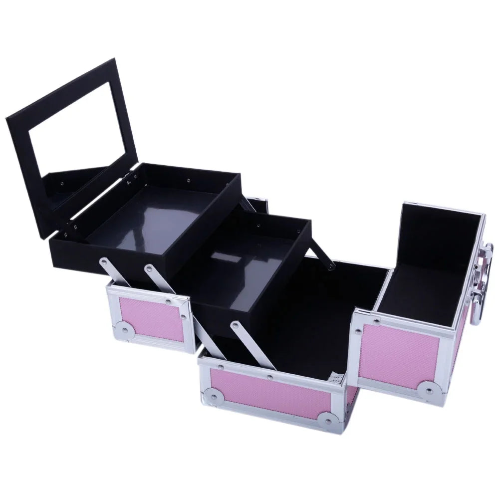 Silver Train Pink Portable Case with Bag Aluminum Mirror Makeup Case Storage Box Zimtown Lock Jewelry