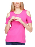 Zippered KORS Sleeve Pink Womens Short Neck XS Shoulder Cold Top Hardware Logo MICHAEL Round