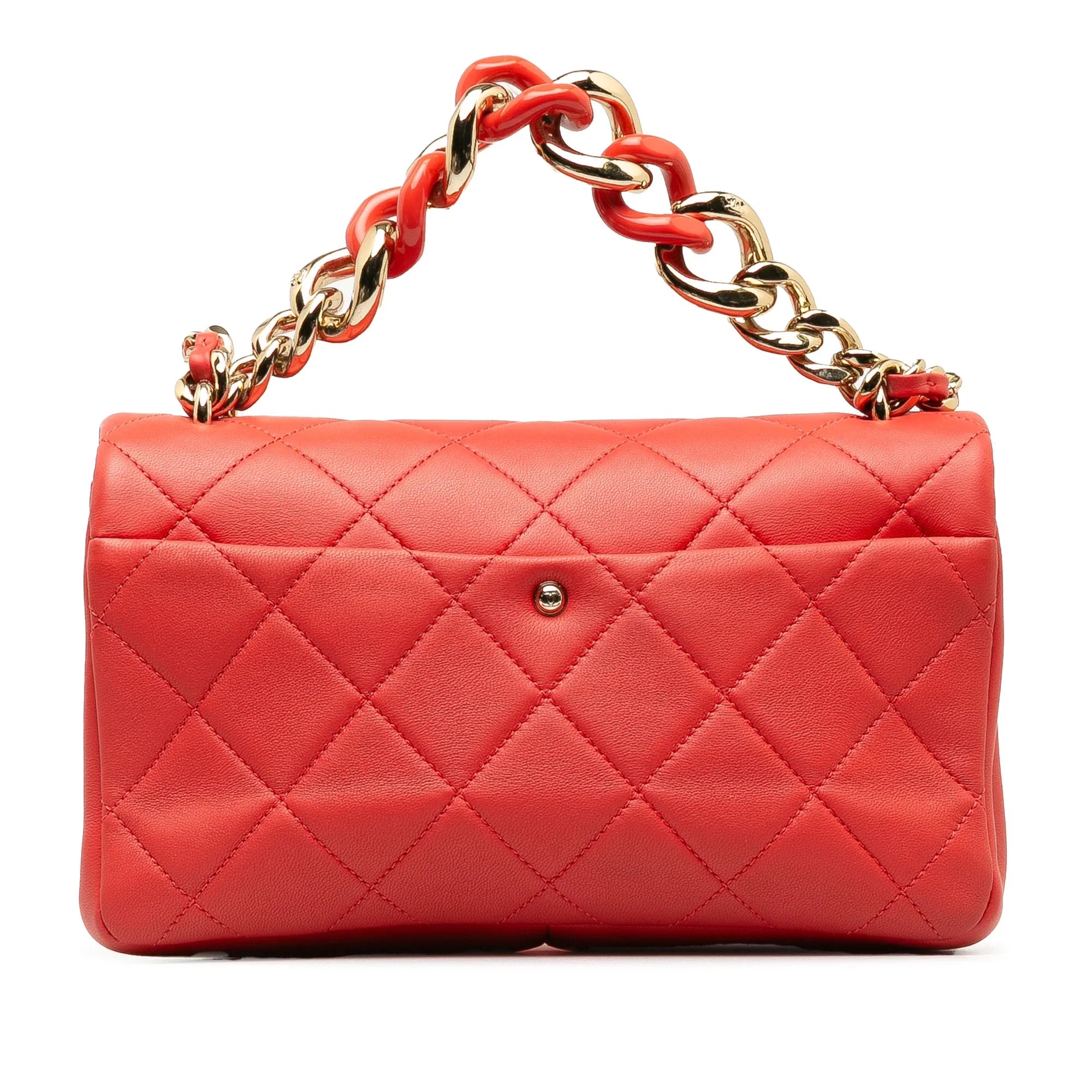 Red Lambskin Authenticated Leather Chanel Unisex Elegant Single Flap Satchel (Good) Pre-Owned Chain Small