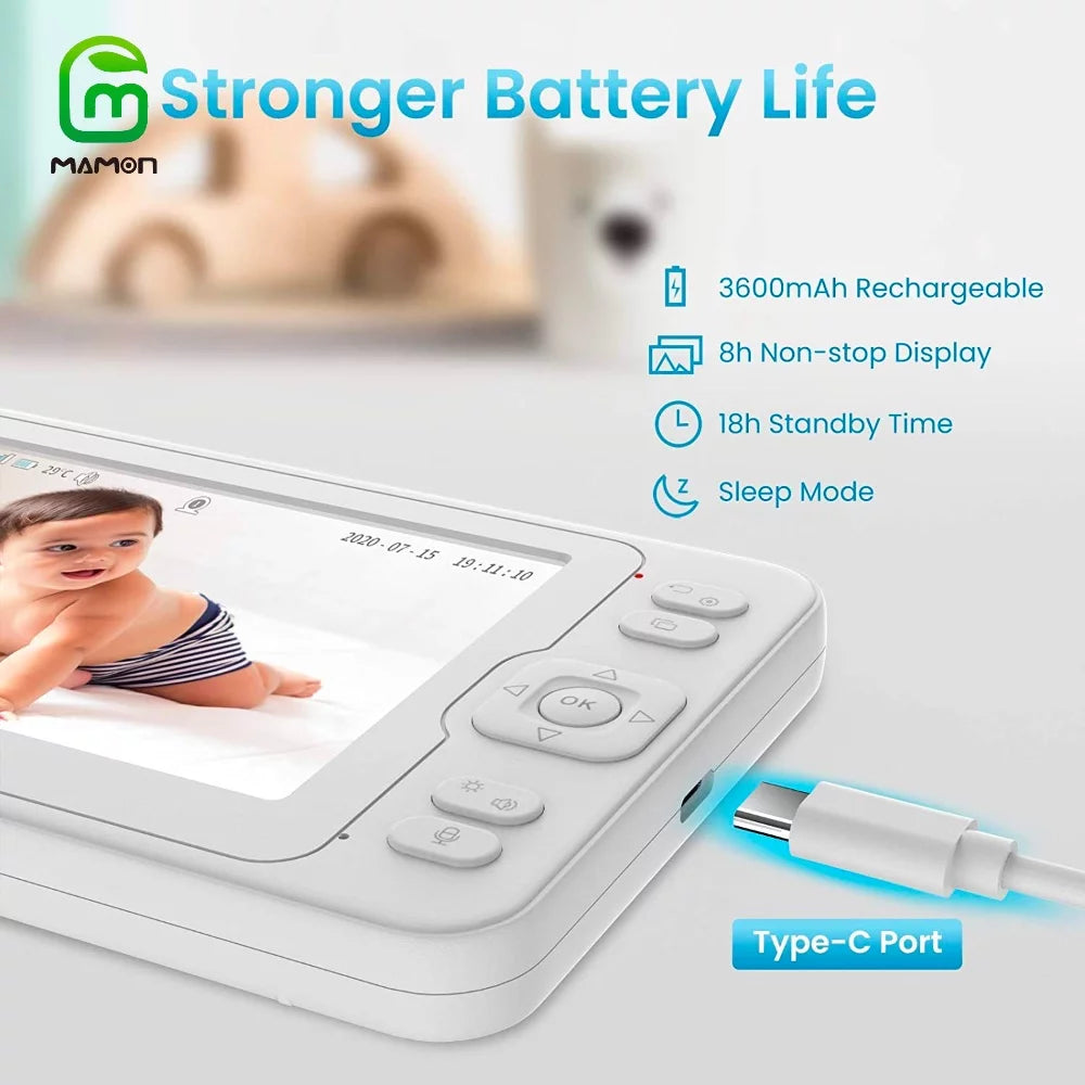 Display 1080P Capacity MAMON 5" with Remote Battery Monitor Two Audio Way Large HD Talk and Video Camera Baby PTZ