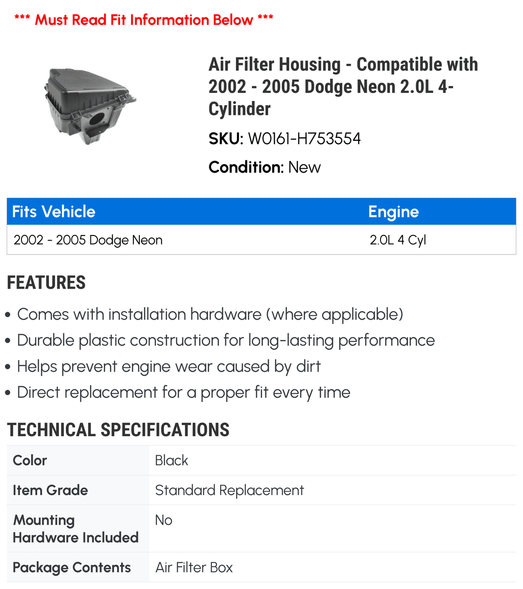 Housing Neon Dodge 2005 - with 2003 Filter Air - Compatible 2002 2004 2.0L 4-Cylinder
