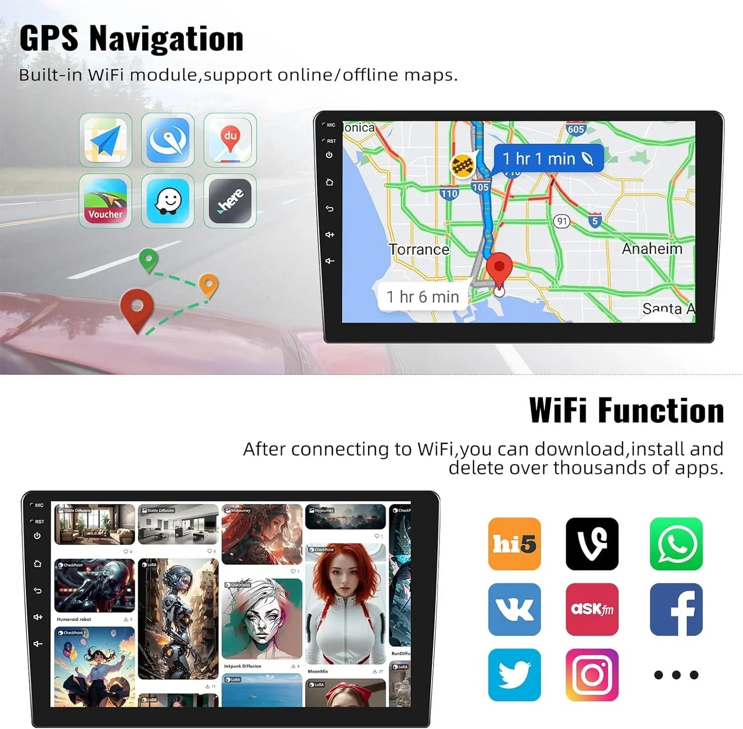 13 Auto,Navi,WiFi,Bluetooth,FM/RDS+ Inch Android Radio Handsfree,Wireless Stereo, Wireless Camera with Din Bluetooth 10.1 Microphone Car Carplay 1+32G Single Android Rear Car