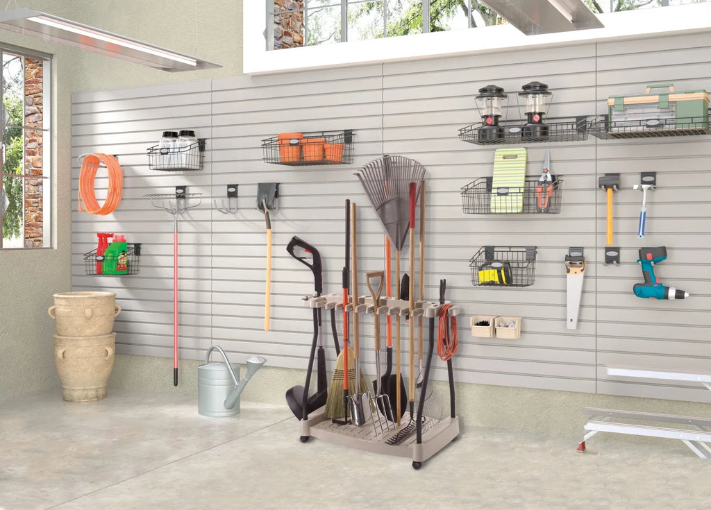 Light 30 Tool Garden Wheels Storage with Lawn and Rack for Taupe Steel Tools, Suncast