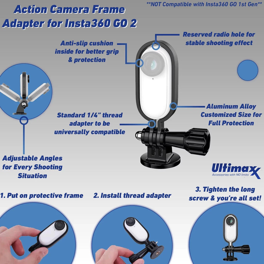 Insta360 Frame Camera Much More Bundle Wrist Includes: Floating Adapter, Action Starter 2 Selfie-Stick, GO - Strap & Ultimaxx Camera Action