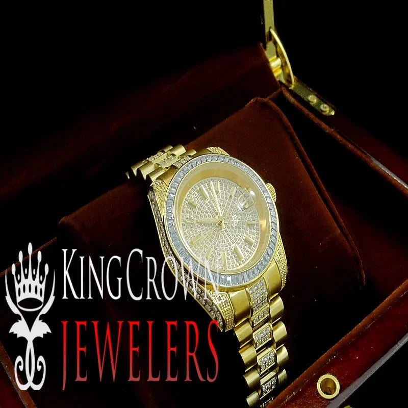 Stainless Presidential Tarnish 41MM Finish Watch Free New Diamond Simulated Yellow Unisex Gold Steel 18k