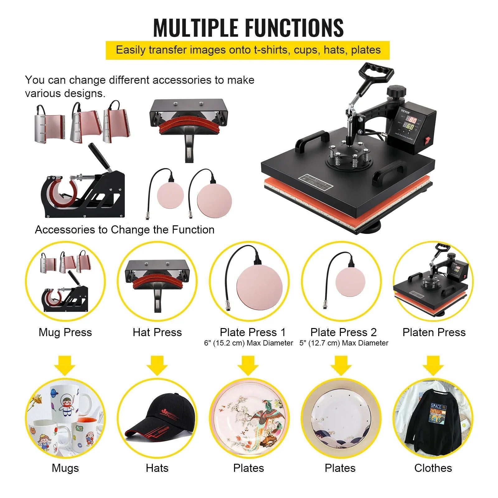 1 Press Dual Transfer Digital Heat Rotation Away 360 Machine Degree VEVOR LED Sublimation Multifunctional Combo Swing 8 15"x15" Display Heat Machine in