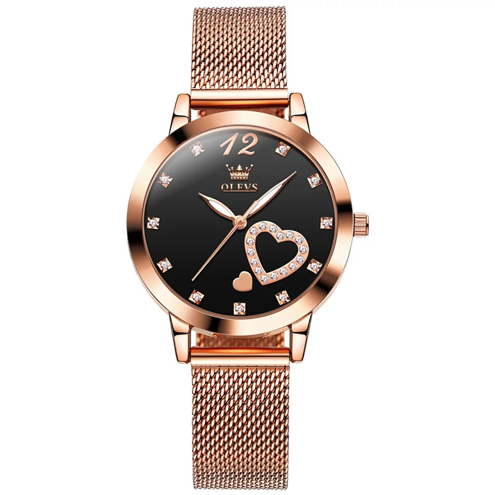 Hearts Watch, Dress Gold Rose Fashion Diamond Wristwatch, Big Elegant Mesh Strap Gifts Watches, Women Waterproof Quartz Face Female Ladies Women's for Luminous Olevs Japanese