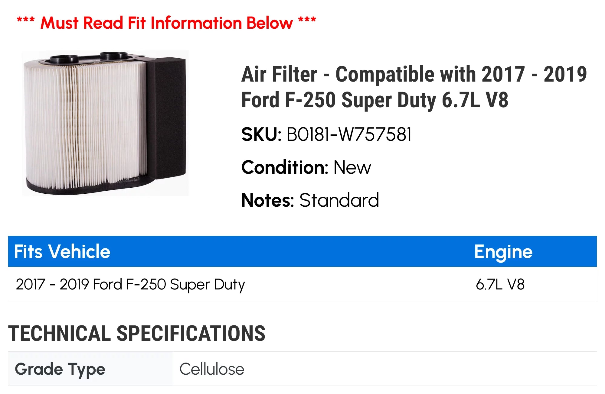 '- 6.7L Filter V8 - Duty Air 2017 Super 2019 F-250 Ford 2018 Compatible with