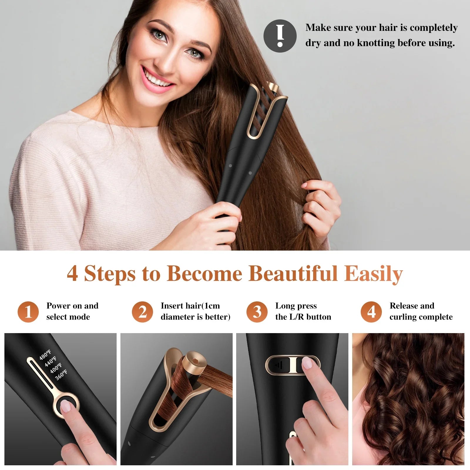 Temps,Salon Barrel 1" Curling Irons,Curling Rotating Iron Hair,Gold Large with NEXPURE Professional & Curl 4