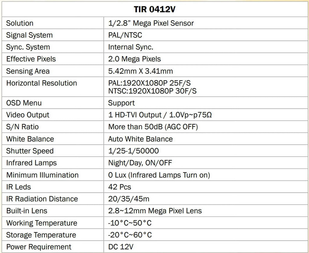 DC TIR-0412V-B 2MP Bullet Outdoor 42 LED Eyemax 12V HD-TVI IR 2.8-12mm, Camera,