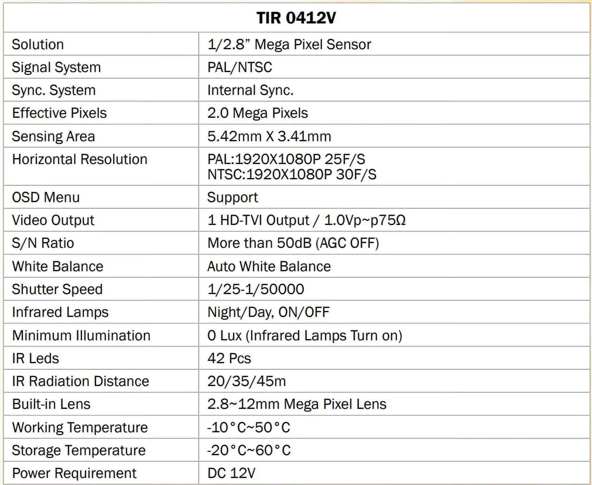DC TIR-0412V-B 2MP Bullet Outdoor 42 LED Eyemax 12V HD-TVI IR 2.8-12mm, Camera,