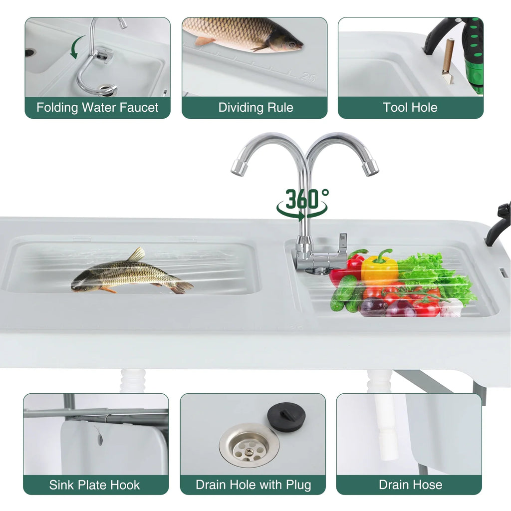 Sink Cleaning with Picnic Hoses/Rack/Basket, Flexible Sprayer, REDCAMP w/ Camping Portable for Table Fish Station 2 Patio Beach Folding Sinks Table Camping Faucet/Drainage Garden and Outdoor