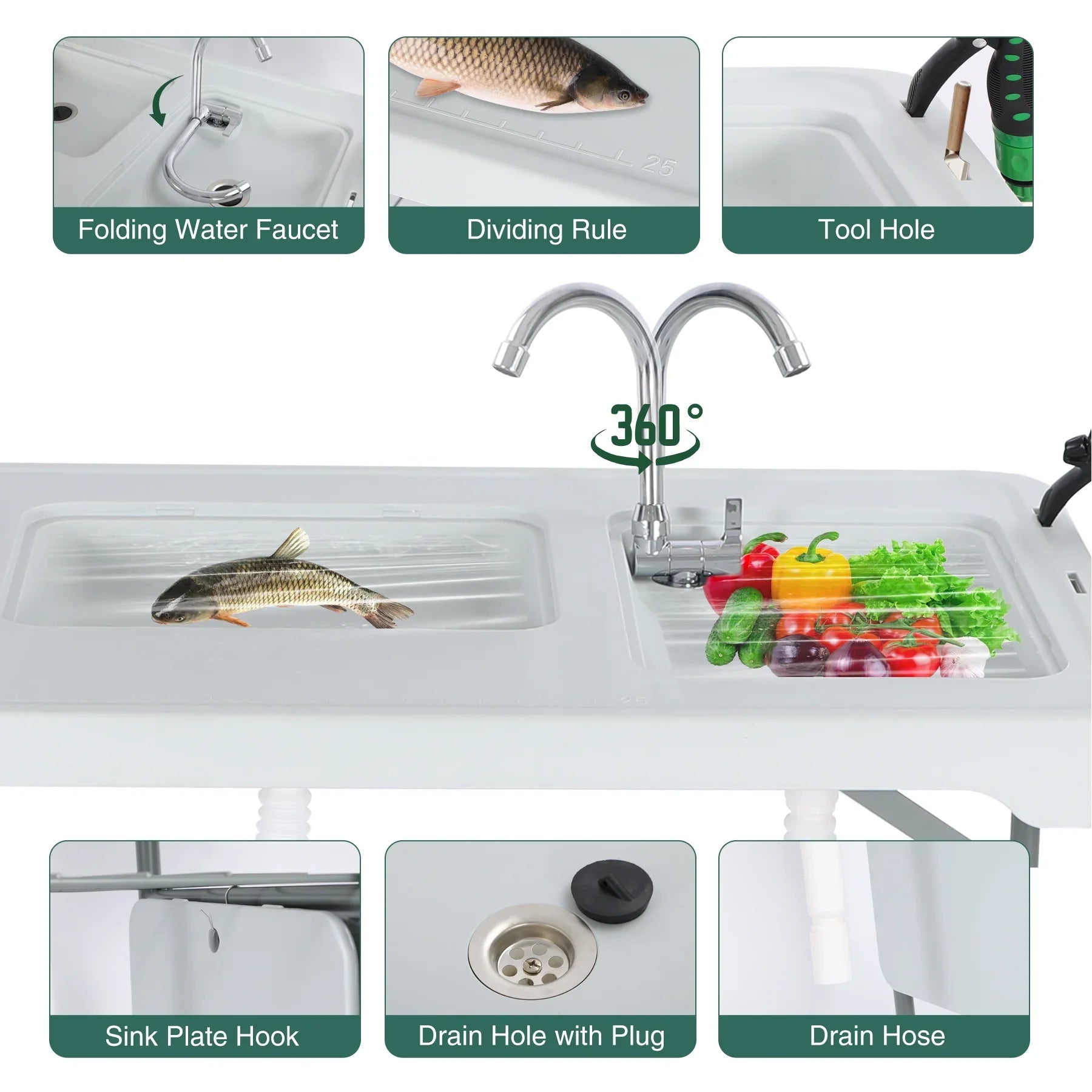Sink Cleaning with Picnic Hoses/Rack/Basket, Flexible Sprayer, REDCAMP w/ Camping Portable for Table Fish Station 2 Patio Beach Folding Sinks Table Camping Faucet/Drainage Garden and Outdoor