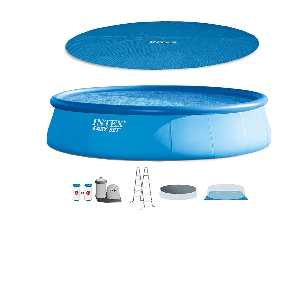 Round Metal Pump Inflatable & with Ladder, Cover 18ft Intex Ground 48in x Pool Frame Above