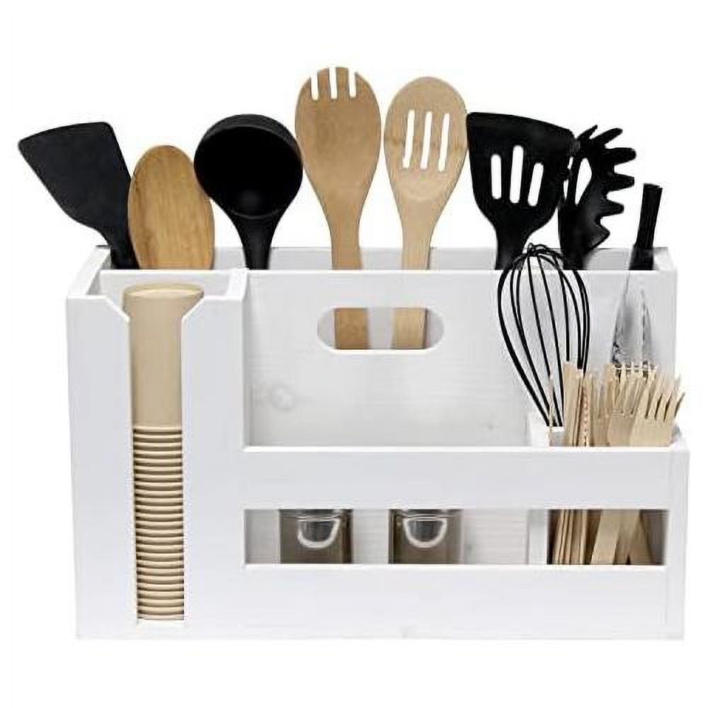 Pantry Events Picnic, Breakfast & BBQ Condiment Handle W Cutout Compartments Kitchen For Picks Flatware Wooden Utensils & Farmhouse Caddy Wash Organizer D¨¦cor Countertop Wht