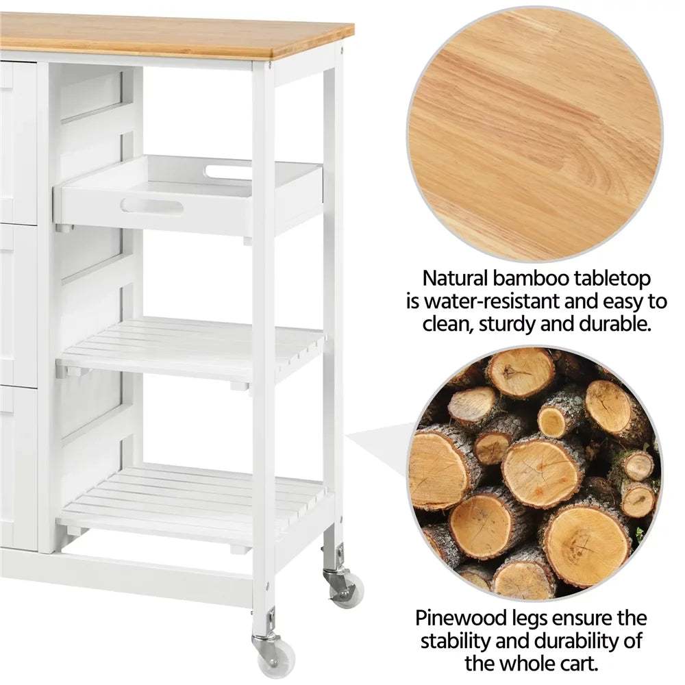 3 H White Bar, Storage for Easyfashion 33" Kitchen with Cart Serving Drawers
