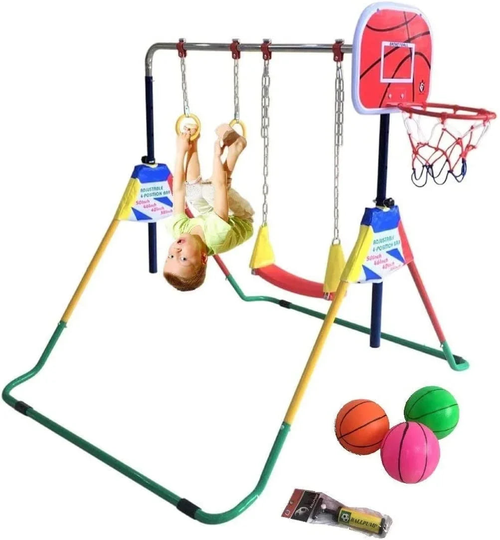 Bar Folding Junior Hoop Gym Bar for 4-in-1 Set Gymnastics Height-Adjustable Training with - Rings, Swing, Basketball Home