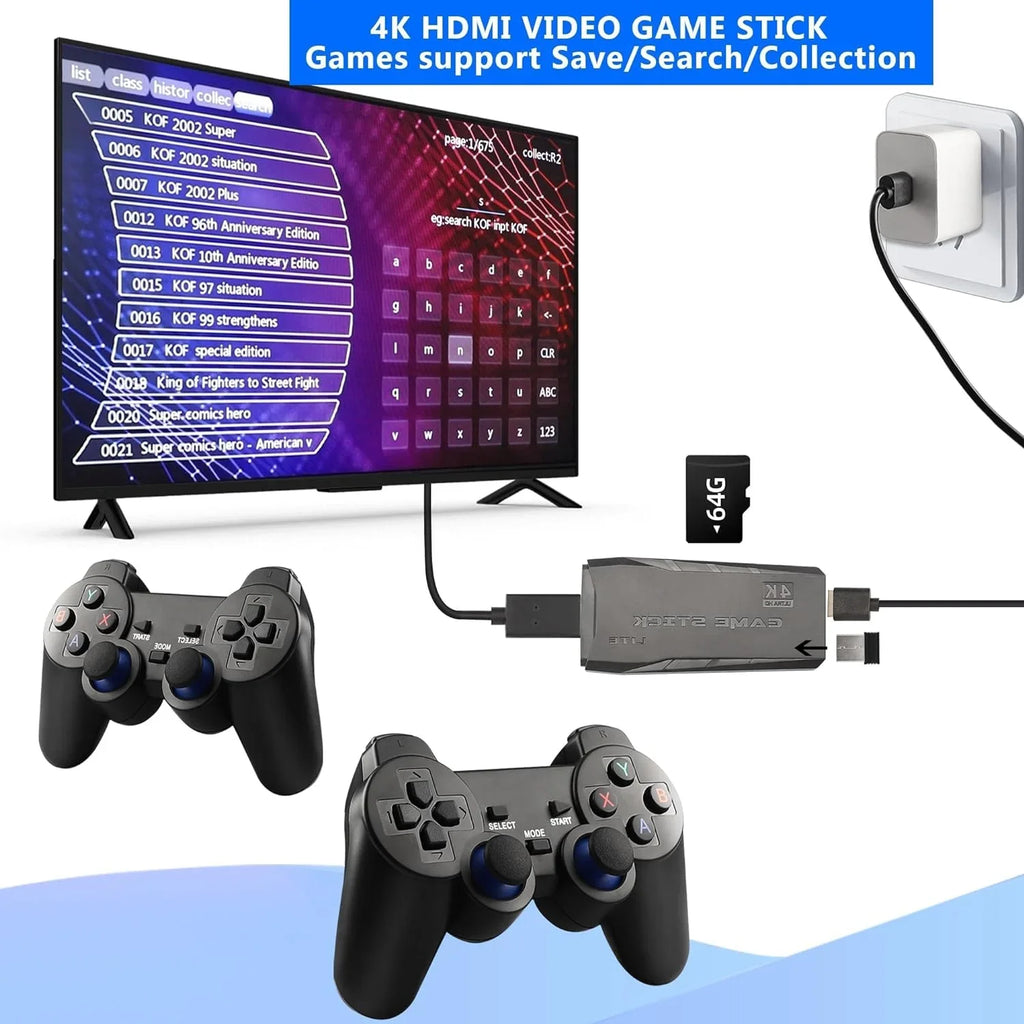 Stick 4K Play Retro Plug Video Game Output Stick,Wireless Game 2.4GHz in Emulators, Game with Console Retro Games, Wireless HD Built 9 and (64G) Controllers 10000+