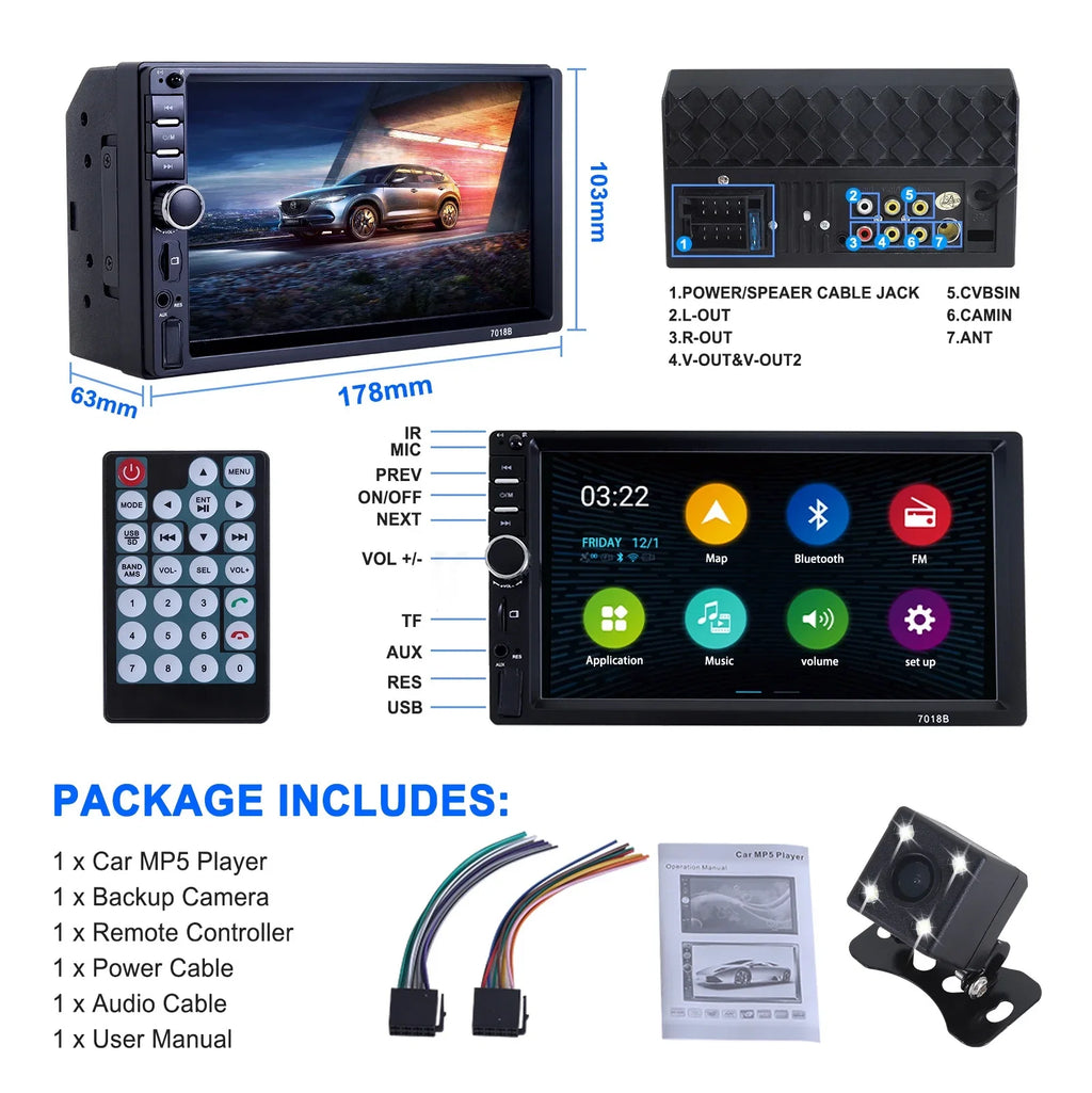with Audio Screen with Double 7In Camera, Din Link, Stereo, Radio Player Touch Mirror USB/Car Bluetooth MP5 Car Receiver Backup Receiver Car HD Vehicle Audio