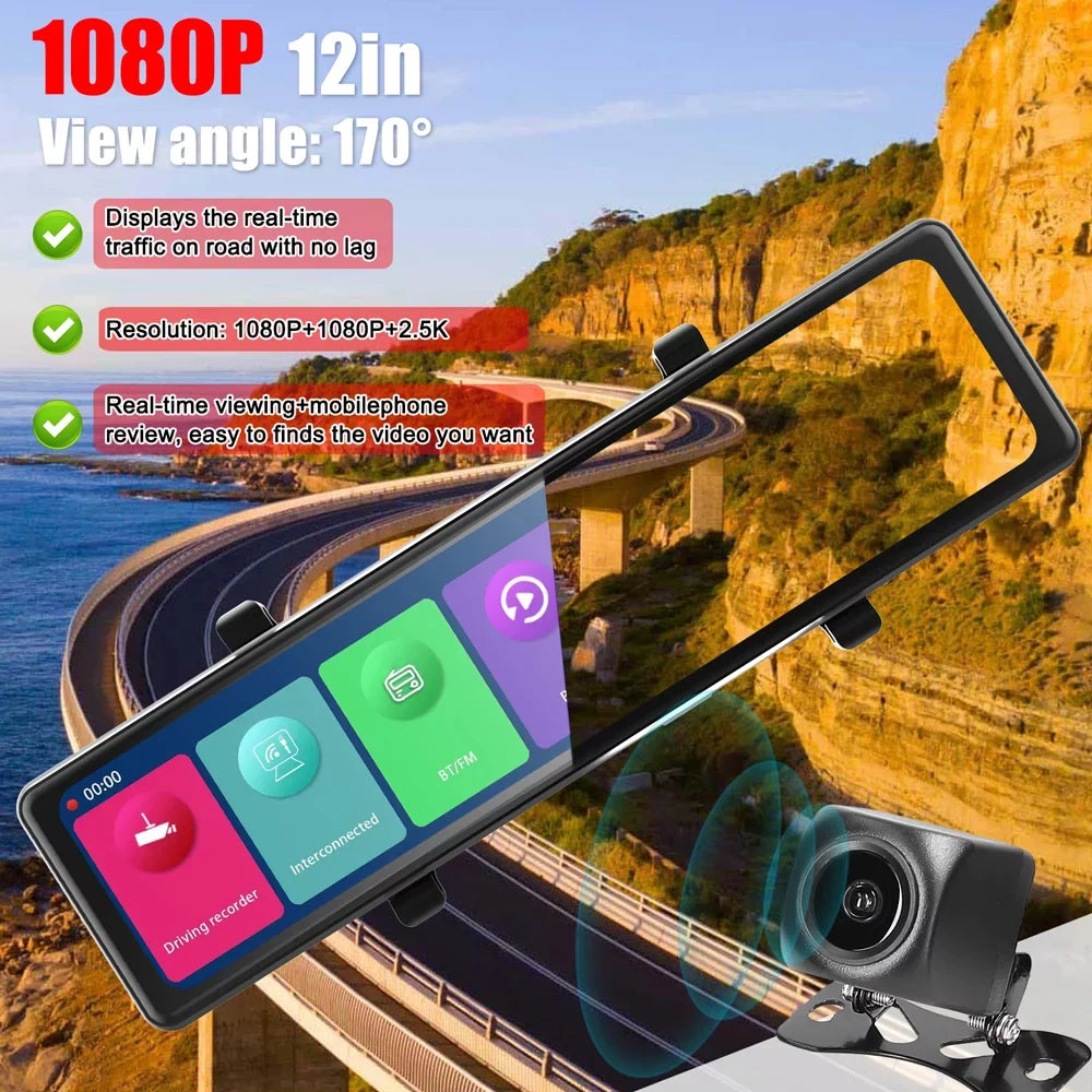 Carplay 3 Dash Video Auto 2.5K Cameras Rearview Screen OWSOO Clear Touched Recorder Mirror Cam Car Recording Driving 12in Car Recorder Car