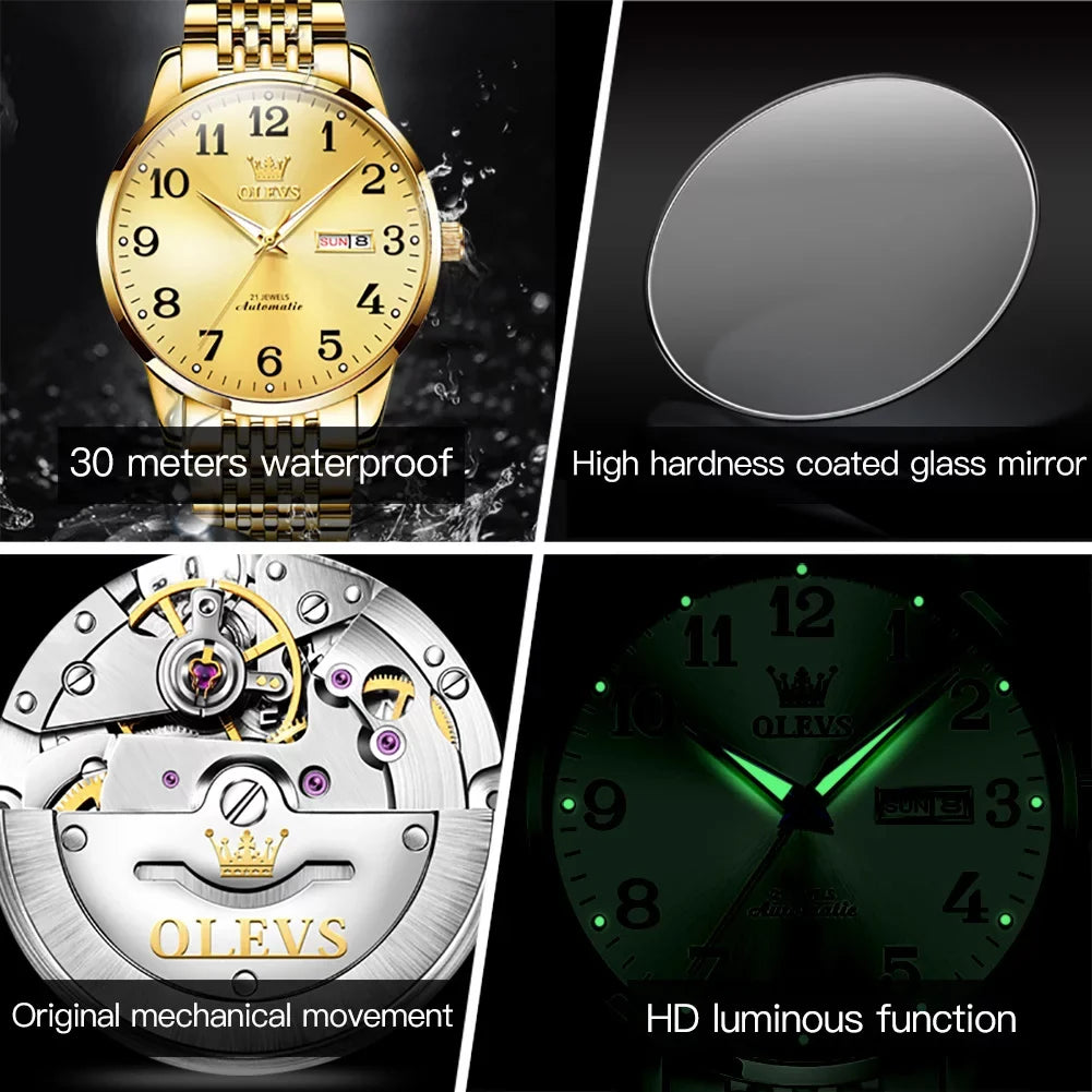 OLEVS Dial Numerals for Hombre, Watch Arabic Men Winding for Male Self Adult Gifts Men, Easy Face Waterproof Gold Reader Wristwatch Para Large Reloj